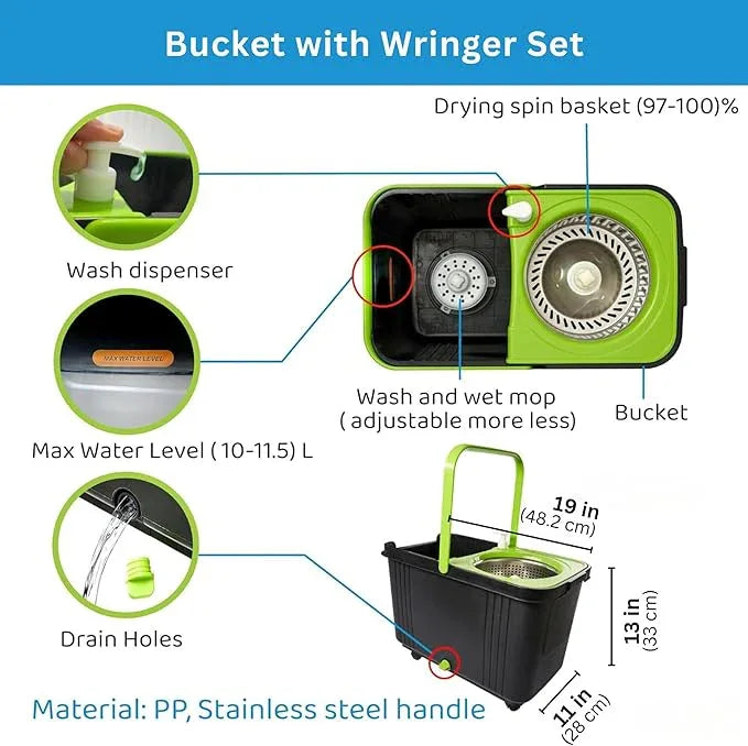 Spin Mop and Bucket P SS 003 with 1 Floor Brush and 1 Chenille Car Wash Mop for Home & Office Cleaning -360 Rotating Mop Spinner and Bucket with 61'' Stainless Steel Mop Handle - NeatNest