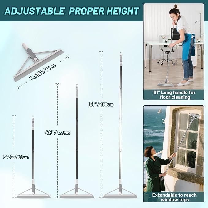 KOLLIEE Floor Squeegee Broom Rubber Window Squeegee for Floor 61" Long Handle Adjustable Floor Wiper for Concrete Tile Shower Bathroom Water - NeatNest