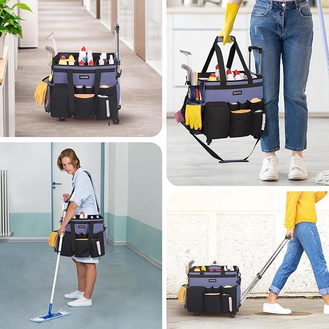 Large Rolling Cleaning Caddy Bag with Detachable Trolley, Waterproof Cleaning Caddy on Wheels for Housekeepers, Cleaning Cart Supplies Organizer for Home,Car,Office,Picnic (Denim Blue)(InPatent) - NeatNest