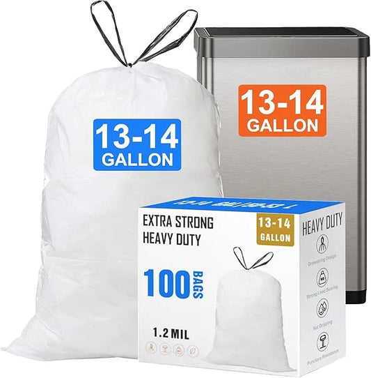 13-14 Gallon Drawstring Trash Bags (100 Count) 1.2 Mil Heavy Duty Garbage Bags Fit for 13-14 Gallon Trash Can Tear & Leak Resistant for Home Office Kitchen Bathroom Bedroom - NeatNest