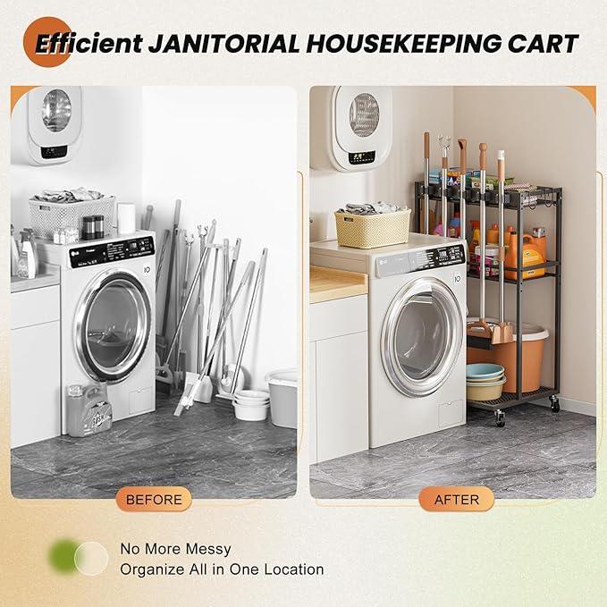 Broom Holder with Cleaning Supplies Organizer, Broom Closet Storage Cabinet with Mop Hanger Gripper Rack Hooks, Cleaning Housekeeping Janitorial Cart with Cleaning Caddy, Laundry Room Organization - NeatNest