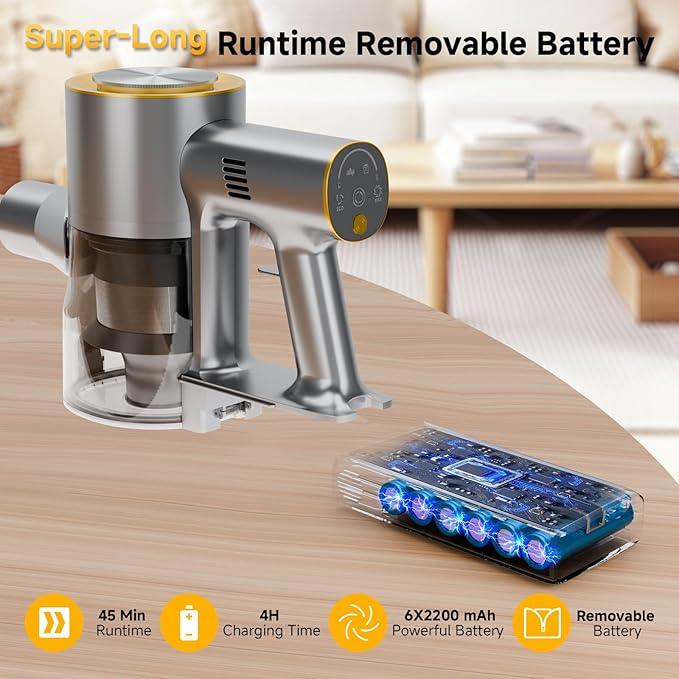 Cordless Stick Vacuum Cleaner - 45KPA Powerful Suction Vacuum with 45 Min Runtime, Detachable Battery, Anti-Tangle & 1.5L Dust Cup, 8 in 1 Vacuum Cleaner for Pet Hair, Carpet, HardFloor, Yellow - NeatNest