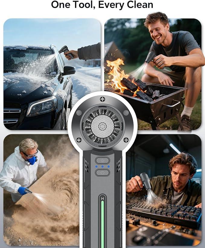 Compressed Air Duster, 300000RPM Powerful Electric Air Duster Rechargeable with LED Light and Brushless Motor, 4-Gear Cordless Mini Air Blower for Keyboard, Computers, Car, Outdoors (Silver Gray) - NeatNest