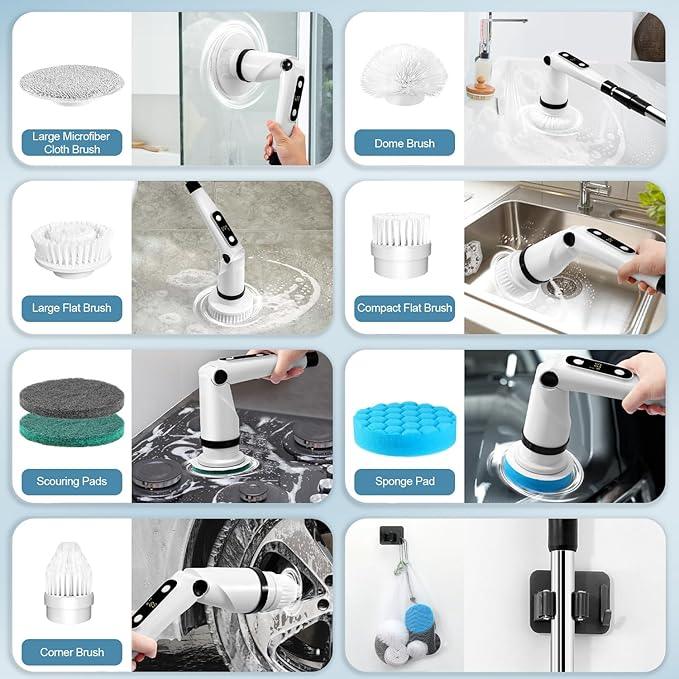 IEZFIX Electric Spin Scrubber, Bathroom Power Shower Scrubber Cleaning Brush for Tub/Tile/Floor/Toilet/Kitchen, 8 Cleaner Scrub Brush Heads, 3 Speeds 450RPM Max, Telescopic Rod Black - NeatNest