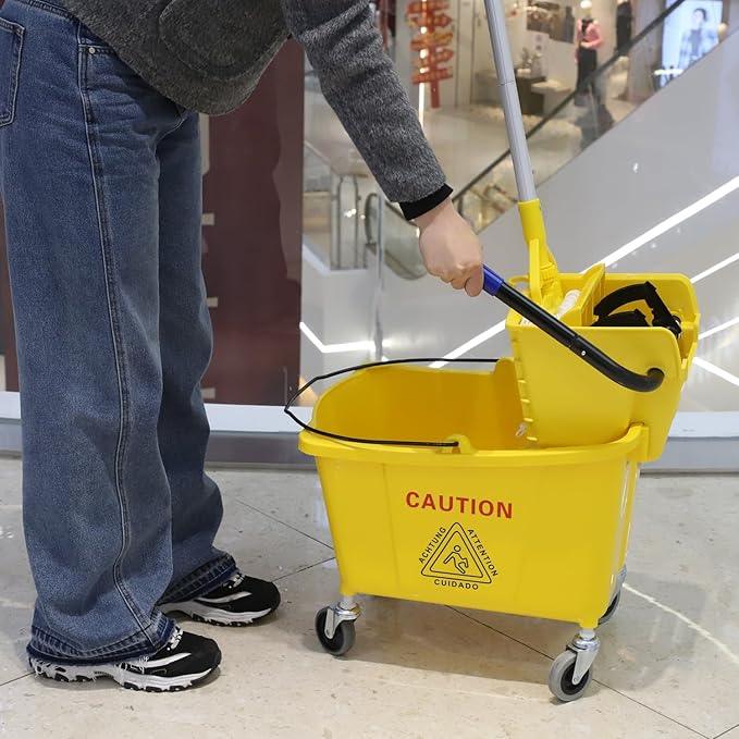 Commercial Mop Bucket with Side Press Wringer on Wheels, Including One Commercial Mop, 35 Quart, Yellow - NeatNest