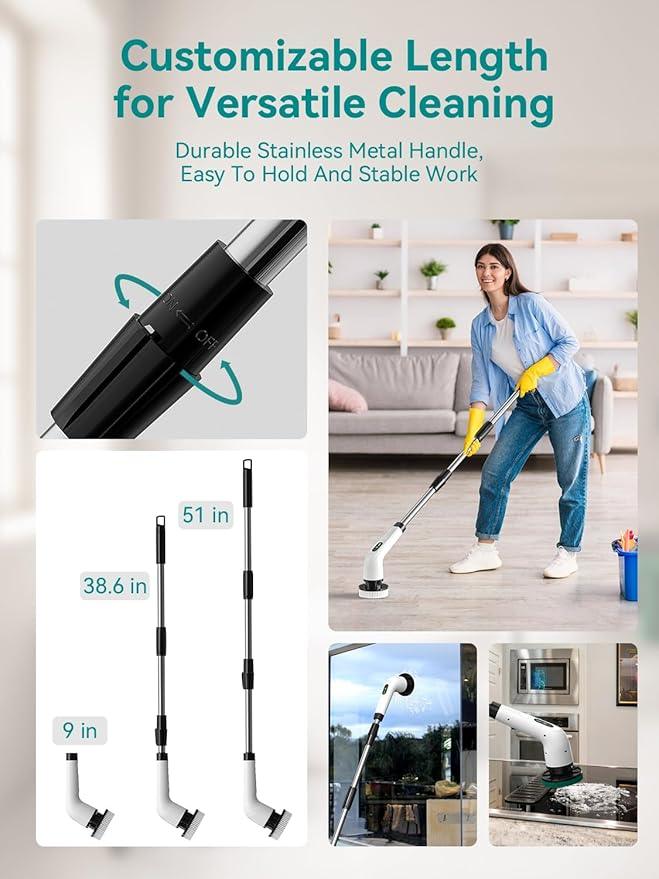 3-Speed Electric Spin Scrubber for Bathroom, 120Mins Runtime, Cordless Power Cleaning Brush with 8 Brush Heads, 3000mAh Shower Scrubber with Long Handle, Floor Scrubber, Grout Brush Bathtub Cleaning - NeatNest