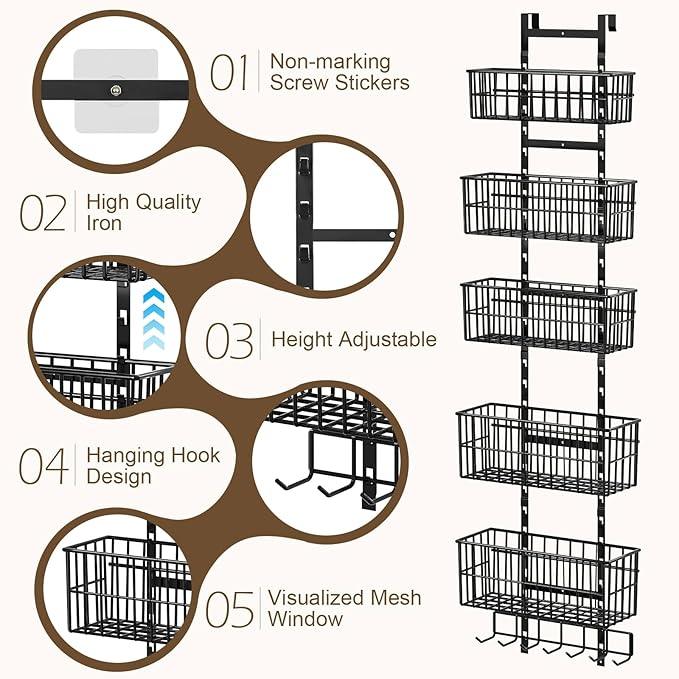 Adjustable Over The Door Organizer, Metal Hanging Door Organizer with 5 Wire Basket 7 Hooks, Wall Mounted Shelf for Pantry Laundry Organization and Storage, Black - NeatNest