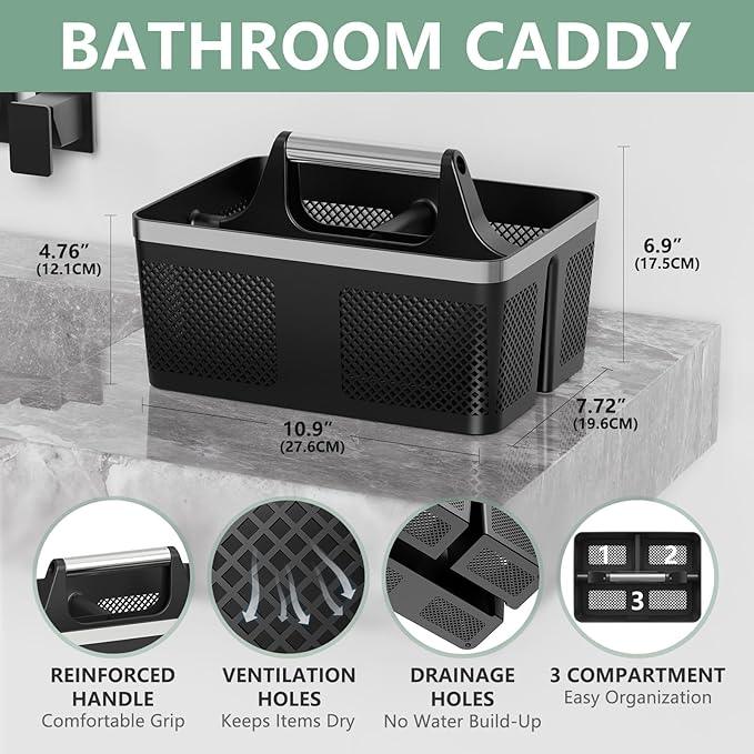 Black Shower Caddy Portable: Plastic Bathroom Caddy Organizer with Handle and Holes, Cleaning Caddy, Hard Shower Basket Storage Tote for Toiletry, College Dorm Room Essentials for Men - NeatNest