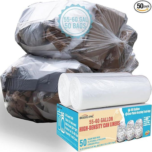 55-60 Gallon Trash Bags, 50 Count Bulk, Heavy Duty Clear Plastic Recycling Bags, Multi-purpose Garbage Bags for home Commercial, Outdoor, Construction, Industrial, Lawn, Leaf - NeatNest