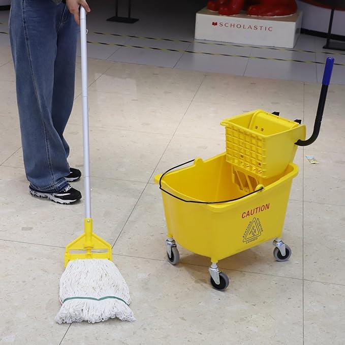 Commercial Mop Bucket with Side Press Wringer on Wheels, Including One Commercial Mop, 35 Quart, Yellow - NeatNest