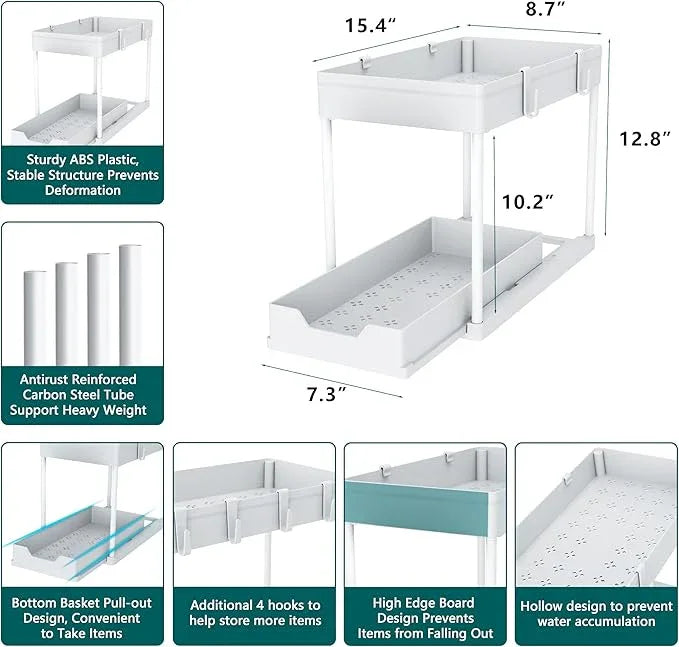 2 Pack Under Sink Organizer, 2 Tier Bathroom Cabinet Organizer with Sliding Basket, Multi-Purpose Under Sink Organizers and Storage for Bathroom Kitchen (White 2 Pack) - NeatNest