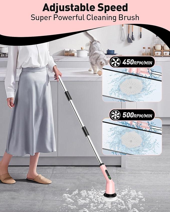 Electric Spin Scrubber for Cleaning Bathroom, Shower Scrubber Cordless Cleaning Brush with IPX7 Waterproof & 2 Speed, 3 Brush Heads, Bathroom Cleaning Supplies for Shower Tub Kitchen Tile Toilet Pink - NeatNest