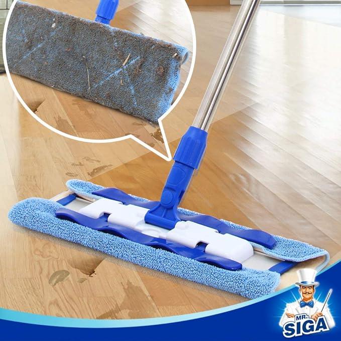 MR.SIGA Professional Microfiber Mop for Hardwood, Laminate, Tile Floor Cleaning, Stainless Steel Telescopic Handle - 3 Reusable Flat Mop Refills and 1 Dirt Removal Scrubber Included - NeatNest