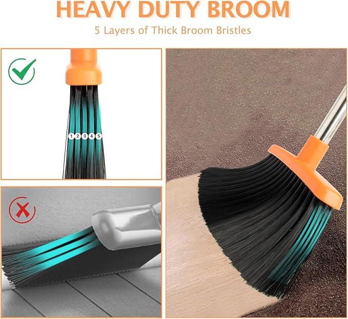 2-Pack Broom and Dustpan Set with Long Handle, Heavy Dust Broom and Dustpan Combo for Home，Kitchen, Office, Pet Hair(Gray Orange) - NeatNest