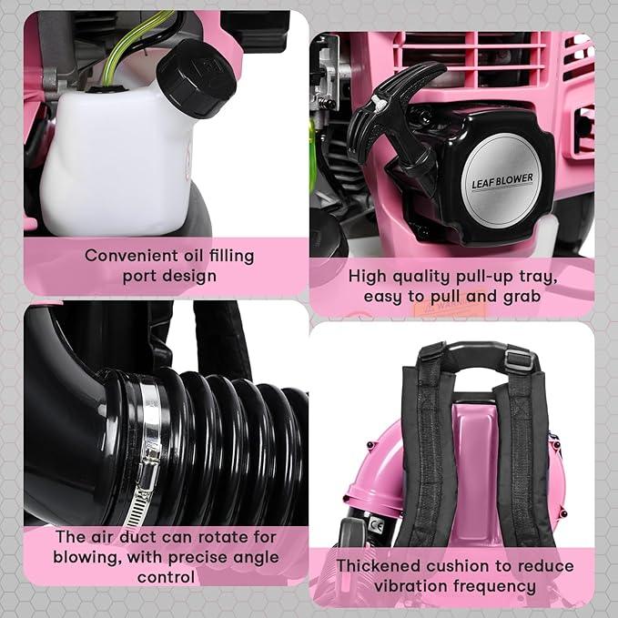 63CC Backpack Leaf Blower Gas Powered, 3HP 2-Stroke Engine, 665CFM High Velocity Air Cooling System, Adjustable Backpack Blowers Gas for Lawn, Garden, Yard, Snow, Gutter Cleaning (Girls Pink) - NeatNest