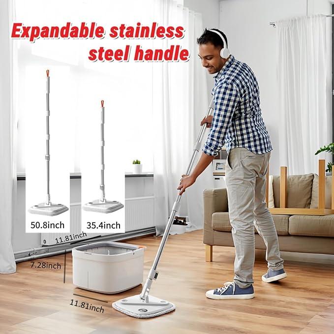 Spin Mop and Bucket Set with Self Separation System 360° Spinning Self-Wringing, Square Clean Mop and Bucket with Wringer-with Replaceable Mop (Light Grey Mop and Bucket Set 10pads) - NeatNest