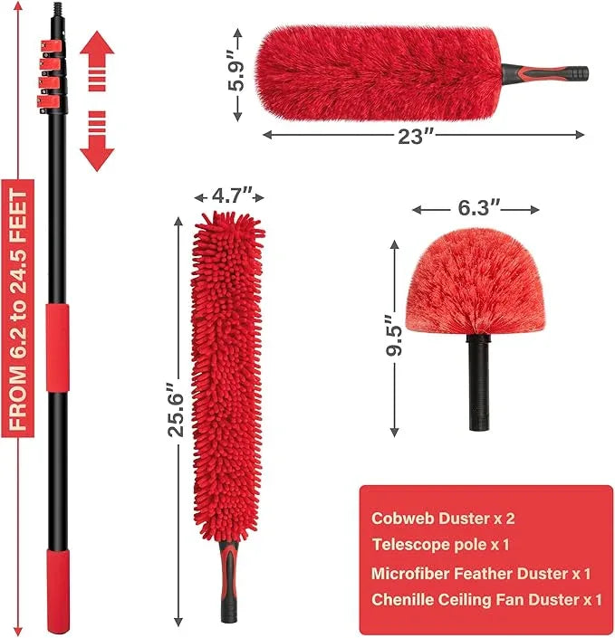 7-24 FT Extension Pole with 2 Outdoor Cobweb Brushes, 30 FT High Reach Ceiling Fan Cleaner Duster for Home, 24 FT Extendable Pole with 4 Pcs Dusting Tools, Cubweb Dusters, Feather Dusters, Fan Duster - NeatNest