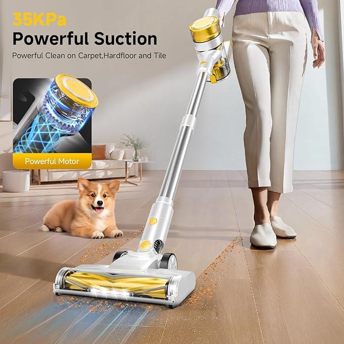 Cordless Vacuum Cleaner, 35Kpa Vacuum Cleaner for Home, 45Mins Stick Vacuum with LED Display, Anti-Tangle & Wall Mount Charging, 6 in 1 Lightweight Vacuum for Hard Floors, Carpet, Pet Hair (yellow) - NeatNest