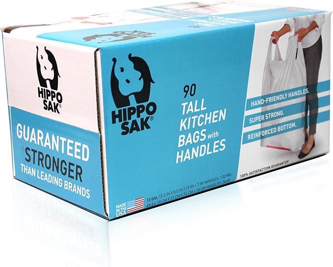 Hippo Sak - Tall Kitchen Garbage Bags with Ergonomic Handles - 13 Gallon Trash Bags - Super Strong, Patented Reinforced Bottom and Leak Proof Tall Kitchen Trash Bags - Heavy Duty Trash Bags (90 Count) - NeatNest