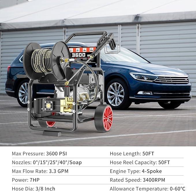 3600 PSI Gas Powered Commercial High Pressure Washer with 212cc 4HP Engine 3.3GPM Electric Start, Includes Hose Reel 50 FT 3/8 inch Hose 5 Quick Connect Nozzles Spray Gun and Wand - NeatNest