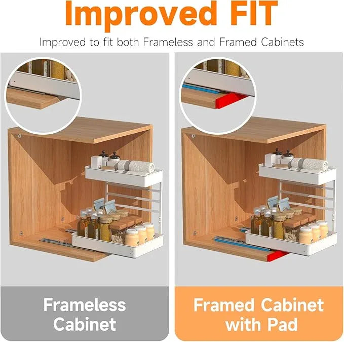 EVERIE Height Adjustable 2 Tier Metal Pull Out Slide Shelf Organizer for Framed or Frameless Under Sink Cabinets in Kitchen, Bathroom, with Snap-on Top Tray (White, 2 Sets) - NeatNest