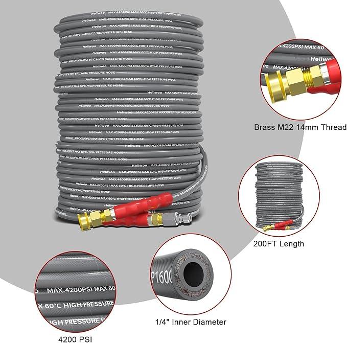 Pressure Washer Hose 200FT, 4200PSI 1/4 Inch Kink Resistant Power Washer Extension Hose, Flexible Heavy Duty Replacement Hose, Compatible with M22 14mm Fittings, High Tensile Wire Braid - NeatNest