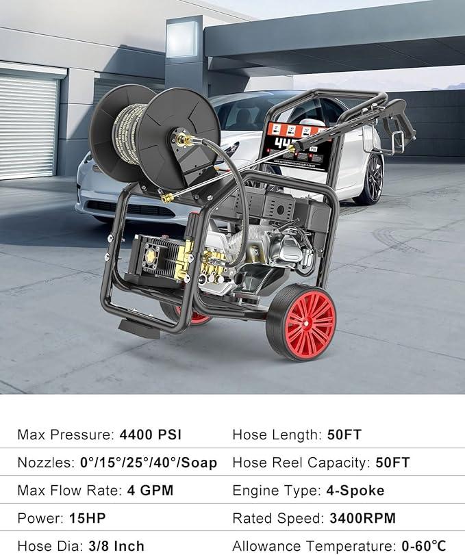 4400 PSI Gas Pressure Washer, Electric Start 296cc 15HP Engine 4GPM, Commercial Pressure Washers Includes Hose Reel, 50 FT 3/8 inch Hose, 5 Quick Connect Nozzles, Spray Gun and Wand - NeatNest