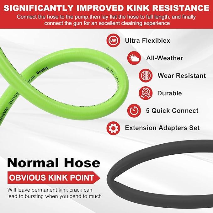 Pressure Washer Hose 50 FT 1/4”, 4000 PSI Kink Resistant High Pressure Replacement Hose M22 14mm Thread, Flexible Extension Hose with 3/8 Quick Connect Adapters for Power Washing - NeatNest
