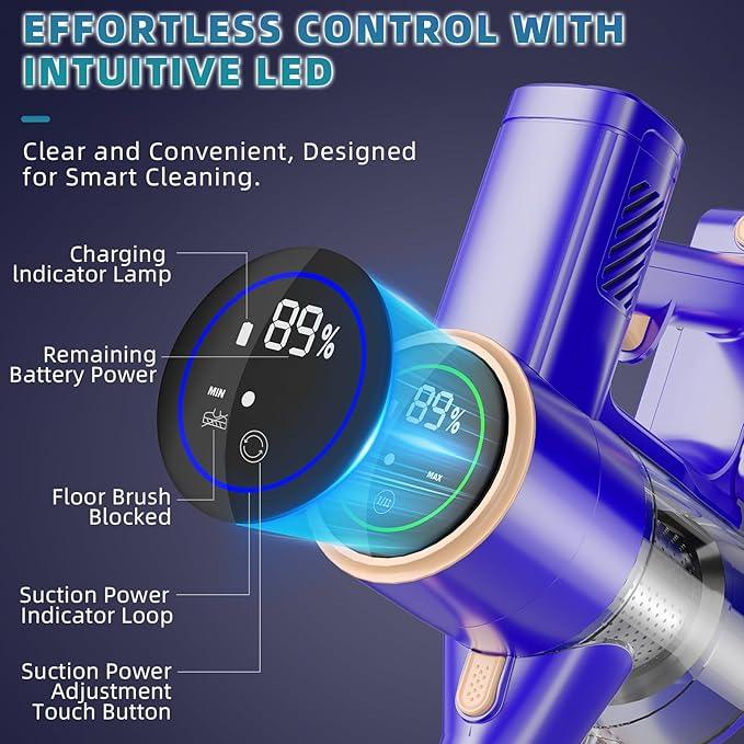 Cordless Vacuum Cleaner, 180° Bendable Wand Stick Vacuum Cleaners with LED Touch Screen, 8-in-1 Lightweight Rechargeable Vacuum with 1.5L Dust Cup for Home Hard Floor Low-Pile Carpet - NeatNest