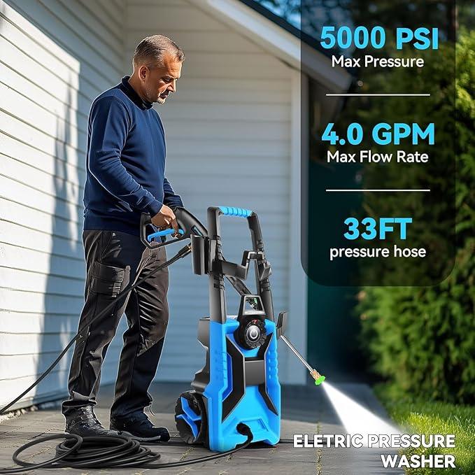 5000 PSI Adjustable Electric Pressure Washer, 2025 New Power Washer Pressure Adjustable (2500PSI-5000PSI) with 33ft Pressure Hose, 4 Nozzle and Detergent Tank for Cars, Upgraded Blue - NeatNest