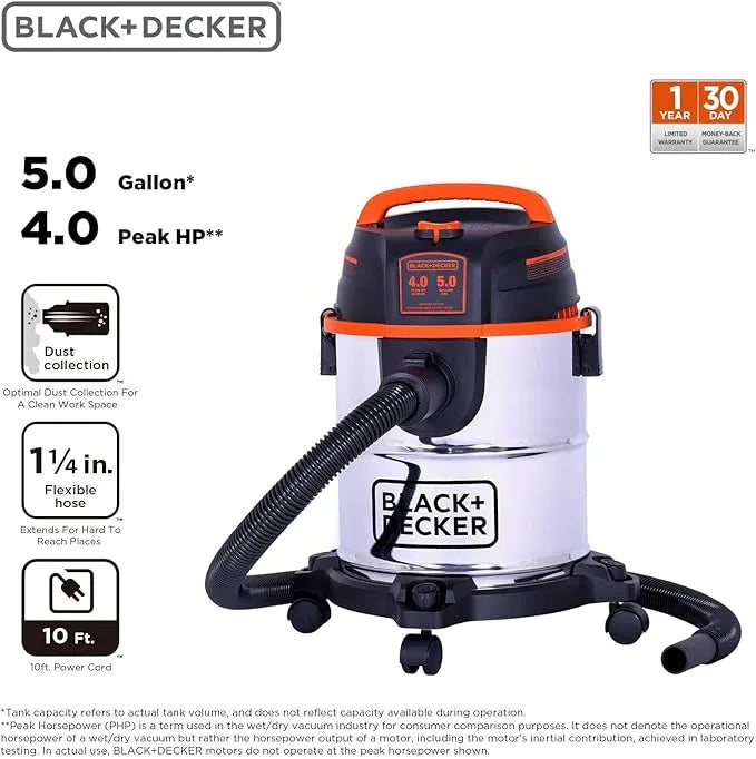 BLACK+DECKER Shop Vacuum Wet and Dry, 5 Gallon 3-in-1 Stainless Steel Shop Vac with Accessories, 4 HP Vacuum Cleaner, for Workshop, Home, Garage and Pet, BDXV18143 - NeatNest