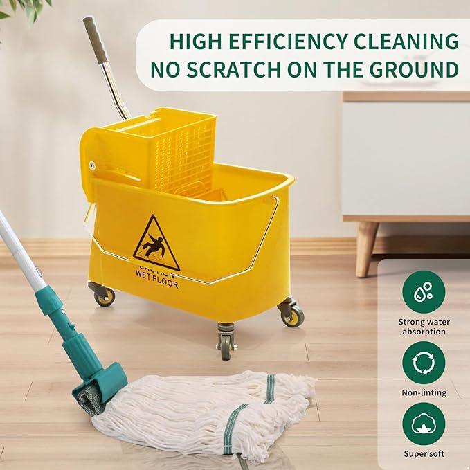 22 Qt (5.5 Gallon) Mop Bucket with Wringer for Floor Cleaning, Handle, Wheels, 16.5" L x 10.6" W x 26.4" H, Yellow,Add One Loop-end String Mop - NeatNest