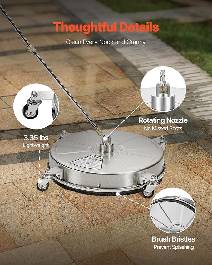 VEVOR 18" Pressure Washer Surface Cleaner, Stainless Steel Pressure Washer Attachments with 4 Wheels, 4000 Max PSI, 1/4 Quick Connector, 2 Spray Nozzles, 2 Extended Wands for Concrete, Patio, Deck - NeatNest