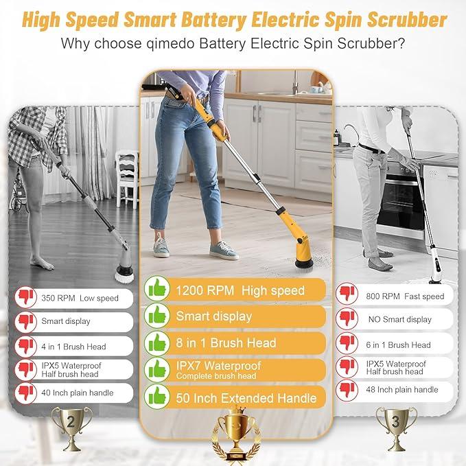 Qimedo Upgrade 1200 RPM Battery Electric Spin Scrubber, Highly Powerful Cordless Cleaning Brush with Smart Display, Electric Tile Floor Scrubber with 8 Brushes, Battery Powered Shower Scrubber - NeatNest