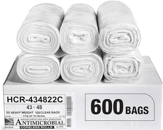 Aluf Plastics High Density Trash Bags, 56 Gallon, 600 Count, 22 Micron (eq), 43" x 48", Clear, for Bathroom, Office, Industrial, Commercial, Janitorial, Municipal, Recycling - NeatNest