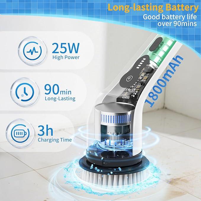 Electric Spin Scrubber, Ultimate Household Cleaning Brush with 90Min Runtime & 8 Heads & 2 Modes- 52in Electric Shower Scrubber Deep Clean for Bathroom Grout, Oven, Shower, Tile & Car, IPX6 Waterproof - NeatNest