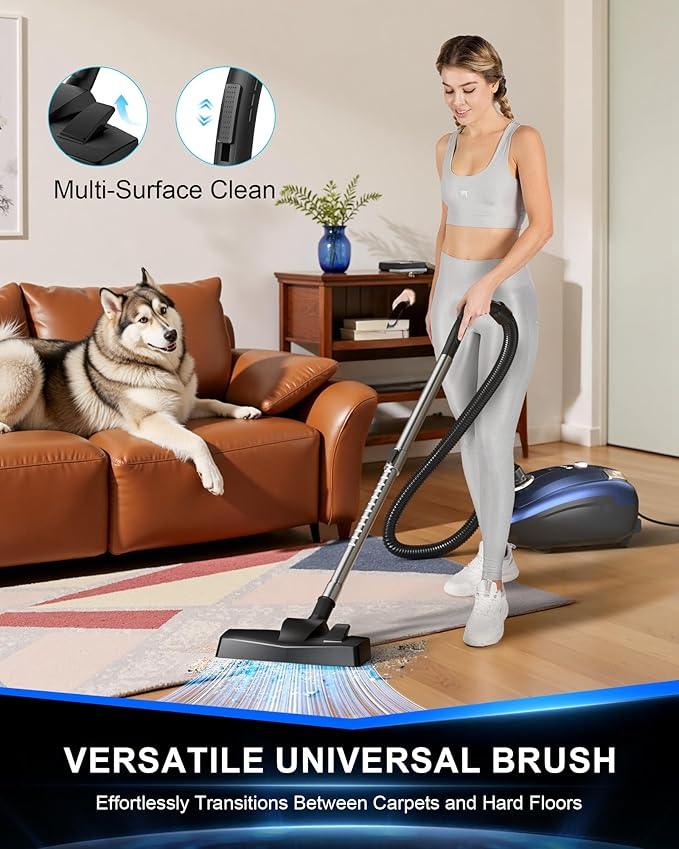 Bagged Canister Vacuum Cleaner,1400W Powerful High-Suction Bagged Canister Vac with 3.7QT Dust Bags,Pop-N-Go Brush,HEPA Filter,Dual Motors&4 Cleaning Tools,Perfect for Low-Pile Carpets&Hard Floors - NeatNest