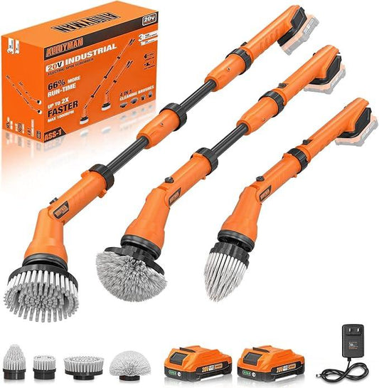 2 Battery Electric Spin Scrubber, 1000RPM Cordless Cleaning Brush Waterproof with 20V Power Supplied, Adjustable Extension Handle, 4 Replaceable Cleaning Heads, Hook, Gloves - for Tub/Tile/Wall/Floor - NeatNest