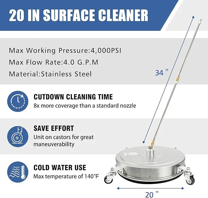 JANZ 20'' Pressure Washer Surface Cleaner with 4 Wheels, Stainless Steel Housing, 1/4" Quick Plug, 2 Extension Wands, 2 Replacement Nozzles and 3 Spray Nozzles, 4000 PSI - NeatNest