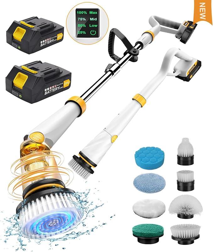 Qimedo Electric Spin Scrubber with Two Batteries Q2 Pro,1500 RPM High Power Electric Scrubber for Cleaning,Shower Cordless Cleaning Brush with Display for Tub/Tile/Floor (Effortless Handle/8 Brushes) - NeatNest