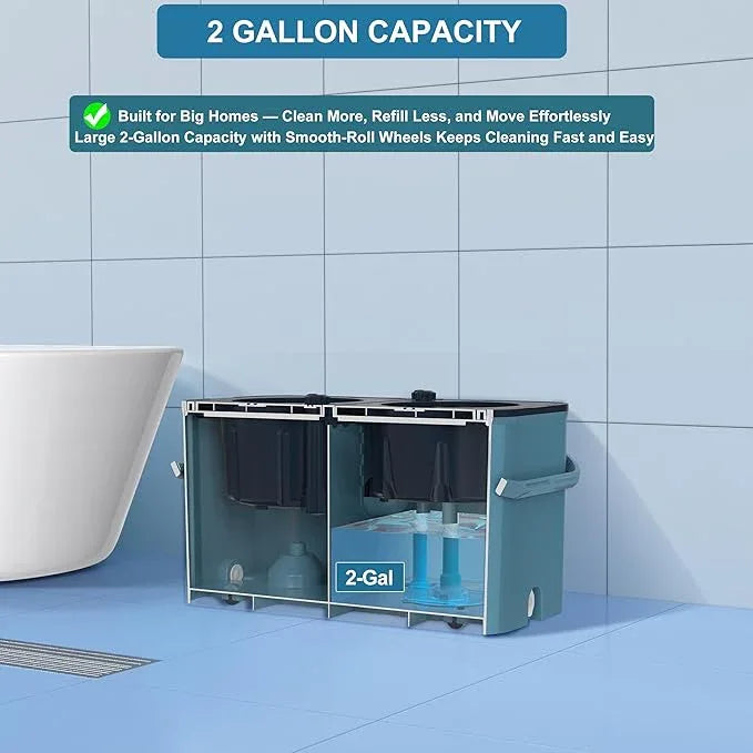 Gen 1 Large-Capacity Spin Mop and Bucket – for Big Homes & Deep Cleaning Days,4-Chamber System Separates Dirty & Clean Water, 2-GAL Heavy-Duty Design with Wheels & 6 Refill Mop Heads - Blue/Grey - NeatNest
