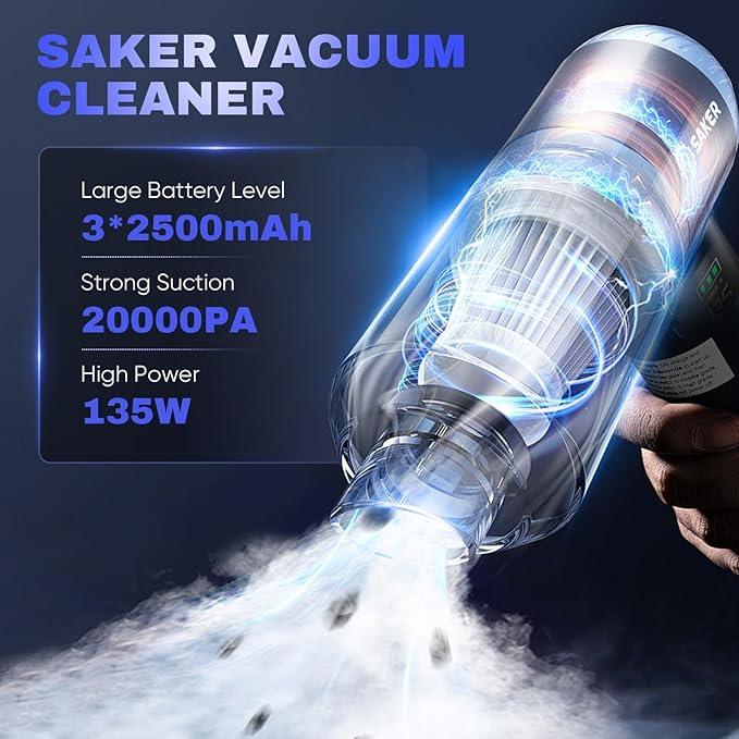 Saker Car Vacuum Portable Cordless 20000Pa Suction Power 4 in 1 Handheld Vacuum with LED Light Type-C Portable Mini Vacuums for Car, Home, Office, Pet HL157 Blue - NeatNest