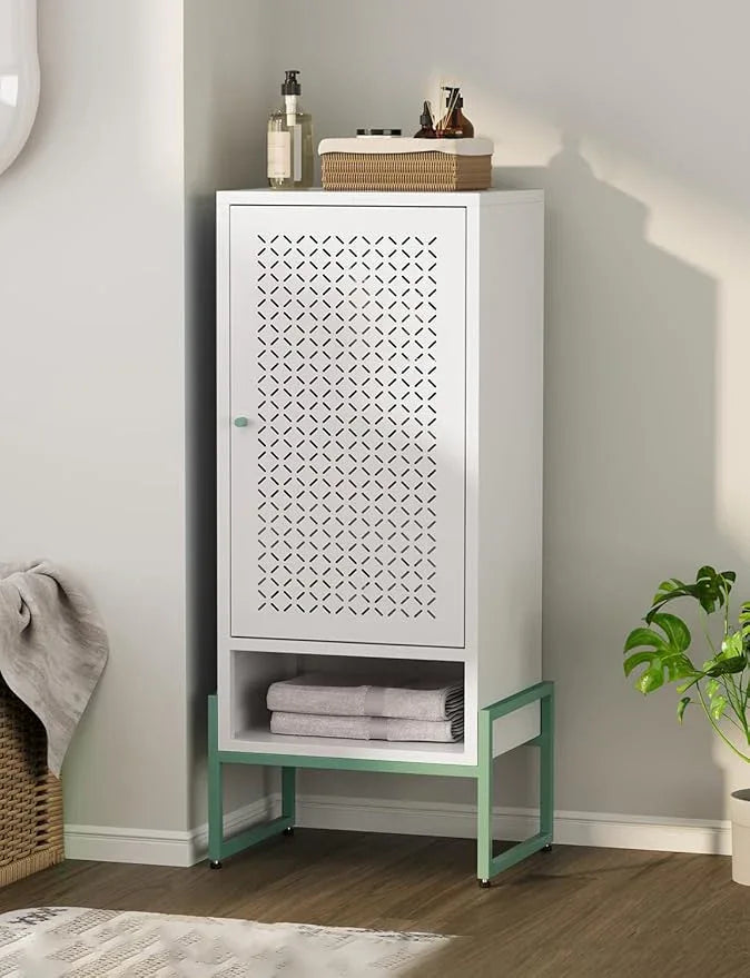 Metal Storage Cabinet with Adjustable Shelves, 42.51"H Freestanding Organizer for Pantry, Kitchen, Bathroom & Laundry Room, Strong & Rust-Resistant, Easy Assembly (White & Green Stylish Two-Tone) - NeatNest