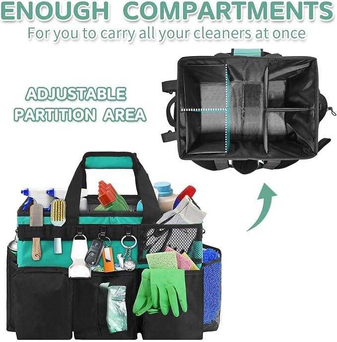 Boczif Cleaning Caddy Bag Wearable, Cleaning Caddy Supplies Organizer with Handle, Shoulder Straps & Detachable Divide, Cleaning Tool Organizers Tote Bag for Cleaners & Housekeepers (Green) - NeatNest