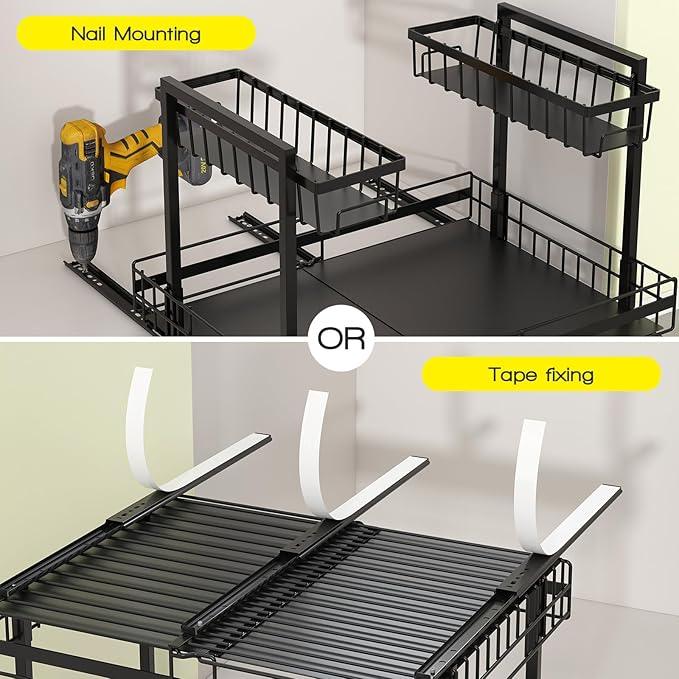 NADAMOO Expandable Under Sink Organizer 2-Tier Black Metal Storage Shelf, Adjustable Under Cabinet Organizer for Kitchen & Bathroom, Space-Saving Rack for Cleaning Supplies & Laundry Essentials - NeatNest