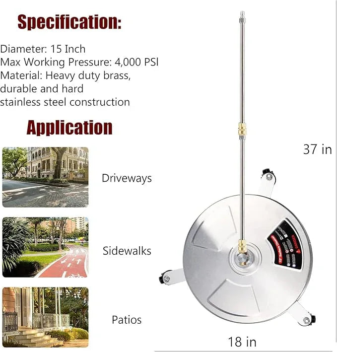 Biswing 15" Pressure Washer Stainless Steel Surface Cleaner with 3 Wheels & 1/4" Quick Connector, Power Washer Attachment with 2 Extension Wand, 2 Replacement Nozzles, 4000 PSI - NeatNest