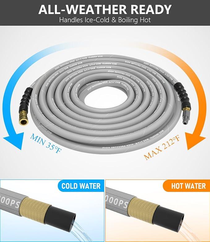 Pressure Washer Hose 150FT 4000 PSI, Kink Resistant Steel Braided Layer & NonMarking Rubber for Hot/Cold Water, High Power Washer Hose With 3/8 Inch Quick Connect & M22 Fitting, Gray - NeatNest