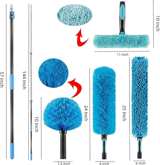 20 Foot High Ceiling Fan Duster with 5-12 Foot Extension Pole, Extendable Reusable Cobweb, Feather, Window Cleaning Squeegee Kit Blue - NeatNest