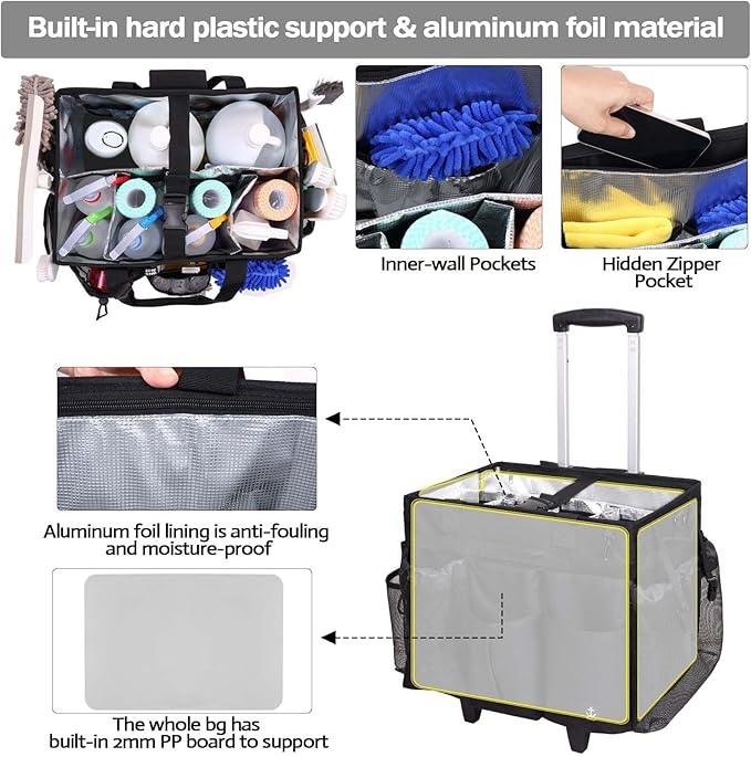 Extra Large Rolling Cleaning Caddy Bag with Detachable, Foldable Trolley Portable Cleaning Cart for Housekeeping Cleaning Caddy with Adjustable Shoulder Strap and Multiple Storage Pockets - NeatNest
