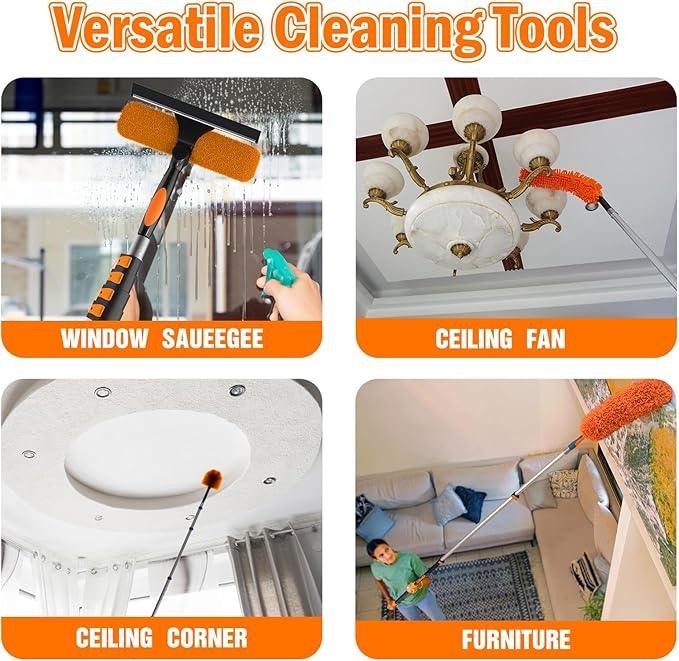 20FT High Reach Duster Cleaning Kit with Extension Pole, High Ceiling Fan Cleaner Duster Tool for Fan Blades, Window Washing Kit with Microfiber Feather Duster & Window Squeegee - NeatNest